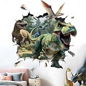 olcso Faliszőnyegek-3D őskori dinoszaurusz világ t-rex triceratops brachiosaurus törött falhatás dzsungel fali kárpit ajtó banner gyerekek hálószoba fiúk játszószoba dekoráció születésnapi buli háttér