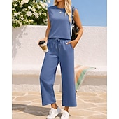 abordables Survêtements-Femmes Ensembles de survêtements à enfiler Survêtement 2 pièces Tenues de détente Cordon de serrage avec poche Couleur Unie Ensemble de vêtements de sport Été Printemps Bleu marine Noir Entraînement
