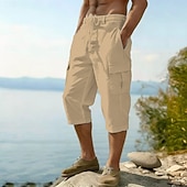 abordables Vacances-Homme Pantalons en Lin Pantalon capri Pantalon d'été Cordon de serrage Taille Élastique Multi-poches Uni Confort Respirant Longueur mollet Occasionnel Quotidien Extérieur Vacances Mode Bleu Noir Non