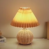 cheap Room Decor Lights-Rattan Wicker Lampshade, Small Table Lampshade, Mini Bedside Lamp For Bedroom, Living Room, Scalloped Lampshade, Side Table, Vintage Aesthetic Pleated Lampshade