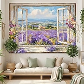 cheap Wall Tapestries-3D Zen Garden Window View Wall Tapestry Cherry Blossoms Sakura Pond Rocks Shoji Screen Tea Set Home Decor Living Room Bedroom Backdrop Office Mural Art