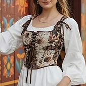 billige Topper-Kostymer i middelalderstil Renessanse Cottagecore Korsett Bodice Viking Bonde Blondér Blomstret Jacquardvevnad Kostyme Dame Keltisk fantasi Halloween Karneval Ytelse LARP Ren Faire Voksne Korsett