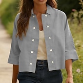 baratos Camisas-Mulheres Camisa Social Camisas com toque de linho Camisa casual camisa de botão Botões Côr Sólida Férias Vintage Moda Meia Manga Aberto para a Lateral Tops regulares Diário Feriado Roupa de Praia