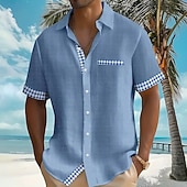 preiswerte Geometrische Muster-Herren Geometrisch Karo / Karomuster Hemd Sommerhemd Knopfhemd Kurzarm Modisch lässig Täglich Strandurlaub Sommer Umlegekragen 3D-Druck Eine Tasche vorne Leinenähnliches Hemd Blau Blaugrün Weiß Grau