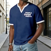  Herren-T-Shirt mit Aufdruck „Menschen vor Profiten“, marineblau, Waffelstrick, V-Ausschnitt, Kurzarm, Grafikprint, normale Passform, lässige Alltagskleidung, Designer-Bekleidung, Größen: S, M, L, XL,