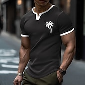 preiswerte Camisetas tropicales de vacaciones-Herren-T-Shirt in Salbeigrün mit Waffelstrickmuster und Palmenmotiv, kontrastierendem weißen V-Ausschnitt, Henley-Schnitt, strukturierter Oberfläche, schmale Passform, Sommer, Strand, Freizeit,