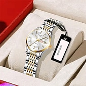 voordelige Quartz-horloges-Luxe dameshorloge, tweekleurige goud-zilveren roestvrijstalen band, lichtgevende wijzers met datum- en dagweergave, elegante zwarte wijzerplaat met diamanten accenten, een stijlvol polshorloge voor