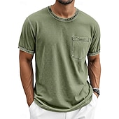 billige grunnleggende t-skjorter-Herre T skjorte 100% bomullssyre-vaskeskjorte Kortermet Crew-hals Sommer Vår Alle årstider Helfarge Enkel Elegant Årgang Nøytral Lomme Plaggfarget Nedtrykt Avslappet Hjem utendørs Lyseblå Svart Brun