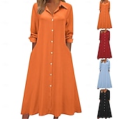 abordables Robe Simple-Femmes Robe Midi Robe Chemise Robe Décontractée Robe trapèze Robe en faux lin Mode Basique Moderne Quotidien Vacances Sortir Coupe régulière Uni manche longue Col de chemise Bleu Noir Vin Orange