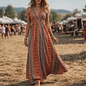 economico Vestiti-Stile Boho Retrò Vintage Boho Lunghezza lunga Vestito Senza maniche Stile Boho Scollo a V Costume Per donna Mascherata Festival Musicale Festa a tema retrò Adulti Vestito Estate