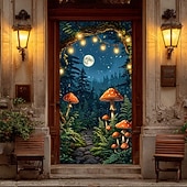 economico Striscioni per Garage e Porte-foresta di funghi incantata, luci fatate, funghi rossi e felci, stravagante striscione per porta, arazzo da parete, arredamento per la casa in stile cottage, decorazione per porta d'ingresso,