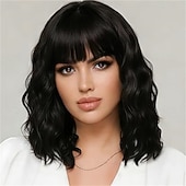 billiga Syntetiska peruker utan hätta-Black Mixed Brown Wig with Bangs Short Wavy Bob Wigs for Women Synthetic Shoulder Length Hair Natural Looking Curly Wig Heat Resistant Hair Replacement Bob Wigs (14 Inch)