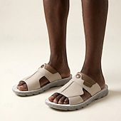 abordables Sandalias de Vacaciones-Sandalias planas de hombre en color beige y blanco con aberturas, puntera abierta, estilo casual, cómodas, ideales para el verano, vacaciones en la playa, resorts, viajes, uso doméstico, actividades al aire libre y un estilo relajado para climas cálidos.