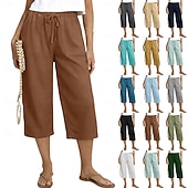 billiga Botten-Dam Capribyxor Sommarshorts Beskurna byxor Capri byxor i linne Mode Grundläggande Vadlängd Medium Midja Slät Snörning Ficka Elastisk midja Lättvikt Andningsfunktion Oelastisk Semester Gata Dagliga