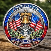  Herdenkingsmunt ter ere van het 250-jarig bestaan van de VS, met afbeeldingen van de Liberty Bell, het Vrijheidsbeeld en een adelaar. Een patriottisch verzamelobject.