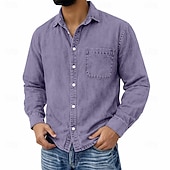 cheap Men's Button Up Shirts-Men's Shirt Casual Shirt Vintage Shirt Button Up Shirt 100% Cotton Acid Wash Shirt Blue Black Light Green Wine Navy Blue Long Sleeve Plain Lapel Streetwear Going out Pocket Clothing Apparel Cotton
