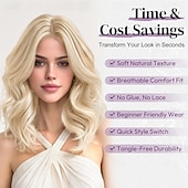 お買い得  トレンドの合成ウィッグ-ショートウェーブブロンドウィッグ - 肩までの長さのウェーブブロンドウィッグ（女性用） - 顔周りを縁取るカーテンバング付きの、柔らかく自然な見た目の合成繊維を使用した、ゆるやかなウェーブのレイヤードショートウィッグ（デイリーパーティー用）