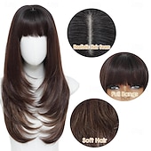 baratos Perucas Sintéticas sem Touca-Peruca castanha com mechas e franja para mulheres, peruca castanha longa e ondulada, peruca castanha em camadas de 66 cm (26 polegadas).