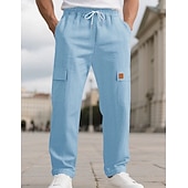 cheap Cotton Linen Pants-Men's Linen Pants Trousers Summer Pants Beach Pants Drawstring Elastic Waist Solid Color Comfort Breathable Full Length Daily Outdoor Beach Vacation Fashion Black White Inelastic