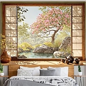 cheap Wall Tapestries-3D Zen Garden Window View Wall Tapestry Cherry Blossoms Sakura Pond Rocks Shoji Screen Tea Set Home Decor Living Room Bedroom Backdrop Office Mural Art