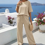 abordables Conjuntos-Conjuntos de pantalones de lino para mujer, 15% lino, básicos, color liso, bolsillo, cintura elástica, camiseta, pantalón, uso diario, calle, manga larga, cuello redondo, azul, negro, blanco, azul marino, marrón claro, verano, primavera