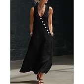  abito lungo da donna in cotone e lino, prendisole, abito a trapezio, abito svasato, vacanza, casual, boho, quotidiano, spiaggia, festa, vestibilità ampia, tinta unita, senza maniche, scollo a V, nero,