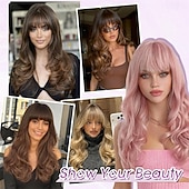 abordables Pelucas sintéticas de moda-Pelucas rubias con flequillo, corte de pelo largo ondulado en capas, aspecto natural, peluca sintética esponjosa resistente al calor para mujeres, ideal para fiestas y uso diario, 24 pulgadas.