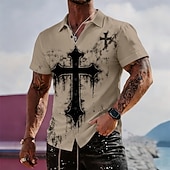 preiswerte Vintage Hemd-Herren Kreuz Religion Hemd Freizeithemd Knopfhemd Langarm Vintage-Retro Streetwear Urlaub Sommer Frühling Umlegekragen 3D-Druck Hemden mit Kragen Blau Weiß Purpur Khaki