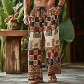 voordelige Casual herenbroek met print-Voor heren Kleurenblok Geometrisch patroon Etnisch Broek Wijde broek Vrijetijdsbroek Medium Taille Boho Vintage Retro Huis Buiten Vakantie Elastische tailleband met trekkoord Linnen broek met zakken