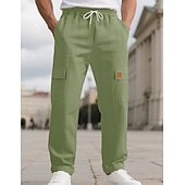 cheap Cotton Linen Pants-Men's Linen Pants Trousers Summer Pants Beach Pants Drawstring Elastic Waist Solid Color Comfort Breathable Full Length Daily Outdoor Beach Vacation Fashion Black White Inelastic