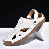 economico Sandali casual-Sandali da uomo bianchi in similpelle – calzature estive casual, cinturino regolabile, scarpe da esterno per resort e vacanze