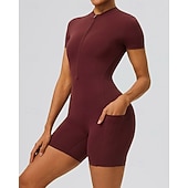 economico Set e Tutine-Per donna Tute da allenamento Tutina Tasca Cerniera Frontale Tinta unica Body Estate Primavera Autunno Bianco latte Nero Corsa Fitness Yoga Sollevamento glutei Asciugatura Rapida Elastico Manica Corta
