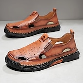 abordables Sandalias casuales-Mocasines casuales de verano de piel sintética para hombre: diseño recortado transpirable, suela flexible y ligera, cómodos para playa, resort, viajes y uso diario.