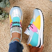 Χαμηλού Κόστους Γυναικεία Sneakers-γυναικεία χοντρά πολύχρωμα αθλητικά παπούτσια – μοντέρνα αθλητικά παπούτσια με κορδόνια με ολογραφικό &amp; νέον σχέδιο, άνετα παπούτσια για τρέξιμο για casual ντύσιμο και αθλητικά