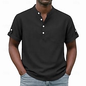cheap Men's Popover Shirts-Men's Shirt Popover Shirt Casual Shirt Button Up Shirt Light Pink Black Yellow Light Green Pink Short Sleeve Plain Grandad Collar Casual Daily Clothing Apparel Elegant Fashion Casual