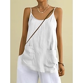 baratos Blusas Simples-Regata feminina com bolso, lisa, moderna, elegante, clássica, sem mangas, gola redonda, ideal para uso diário, passeios e fins de semana. Cores: azul, preta, branca, amarela, rosa. Verão e primavera.