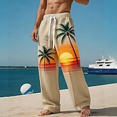 baratos Calça Casual Estampada Masculina-Homens Coqueiro Natureza e Paisagem Plantas Tropicais Calças Calça casual Calças largas Cintura Média Havaiana Ao ar livre Férias Roupa de Praia Cintura elástica com cordão Calças de linho com bolsos