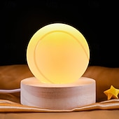 economico Luci notturne 3D-Lampada a sfera di cristallo 3D da 6 cm con disegno sportivo inciso: calcio, basket, badminton, tennis, luce notturna a LED alimentata tramite USB con base in legno per camera da letto, feste,