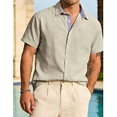 abordables Clásico-Hombre Camisa Camisa de lino Abotonar la camisa Plano Vacaciones Calle Negro Blanco Caqui Gris Oscuro Manga Corta Cuello Camisero Verano Primavera Ropa Bolsillo