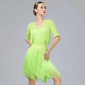 cheap Practice Dresses-Women's Red Mesh Rhinestone Fringe Dance Dress