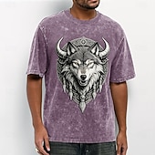  T-shirt da uomo con testa di lupo e corna, emblema dello scudo vichingo, lavaggio acido, vintage, streetwear, grafica, manica corta, girocollo, casual, abbigliamento quotidiano, abbigliamento firmato,