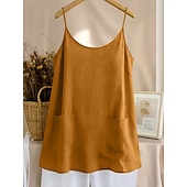 baratos Blusas Simples-Regata feminina com bolso, lisa, moderna, elegante, clássica, sem mangas, gola redonda, ideal para uso diário, passeios e fins de semana. Cores: azul, preta, branca, amarela, rosa. Verão e primavera.