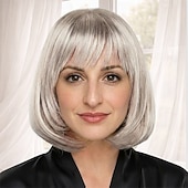 Недорогие старший парик-Элегантный парик-каре для женщин — гладкий темно-коричневый с естественной челкой.