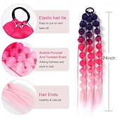 economico Capelli all'uncinetto-2 pezzi di extension per coda di cavallo sintetiche colorate a forma di bolla, extension per capelli intrecciati leggeri da 24 pollici, accessori per festival rave per ragazze, giornata dei capelli