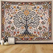 billige Veggoppheng-Livets tre folkekunst veggteppe bohemsk etnisk fugler og blomster natur landskap svart bakgrunn åndelig hjemdekor stue soverom bakgrunn innendørs veggmaleri