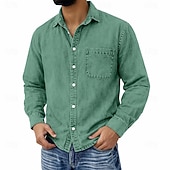cheap Men's Button Up Shirts-Men's Shirt Casual Shirt Vintage Shirt Button Up Shirt 100% Cotton Acid Wash Shirt Blue Black Light Green Wine Navy Blue Long Sleeve Plain Lapel Streetwear Going out Pocket Clothing Apparel Cotton