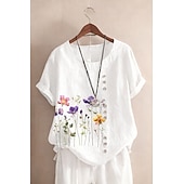  Women's 100% Cotton Blouse Floral Graphic Stylish Cotton Linen Casual Short Sleeve Crew Neck Regular Tops Daily Going out Buttons Print Green Summer Spring