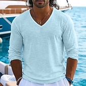 Недорогие Хлопковые Льняные Футболки-Муж. Футболка Футболка из льна Длинный рукав V-образный вырез Лето Весна Весна лето Сплошной цвет Полотняное плетение Текстура Повседневные На каждый день Уличный стиль Гладкая ткань