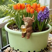 זול פסלי גן ופסלים-פסלוני שרף של פרה היילנד עם כוסות שתייה, תוספות חמודות לעציצים, פסל צפרדע משרף, מושלם לקישוט עציצים, גינות, אקווריומים וטרסות