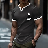  T-shirt da uomo con stampa nautica e ancora, modello Henley con scollo a V, vestibilità slim, vestibilità aderente, tessuto a nido d'ape testurizzato, ideale per l'estate, la spiaggia, le crociere e